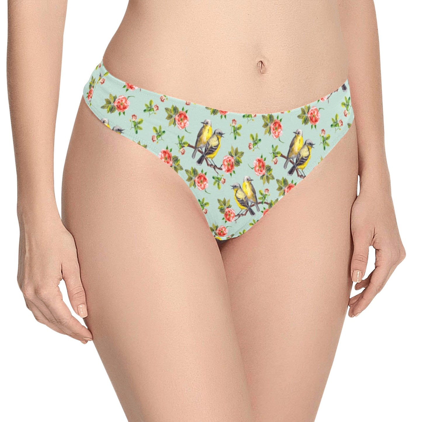 Bird with Red Flower Print Pattern Women's Thongs
