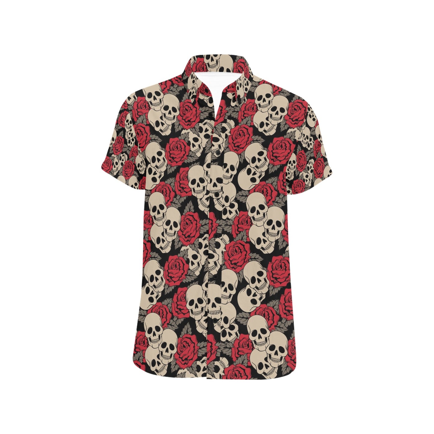 Skull And Roses Print Design LKS301 Men Short Sleeve Button Up Shirt