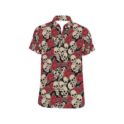 Skull And Roses Print Design LKS301 Men Short Sleeve Button Up Shirt