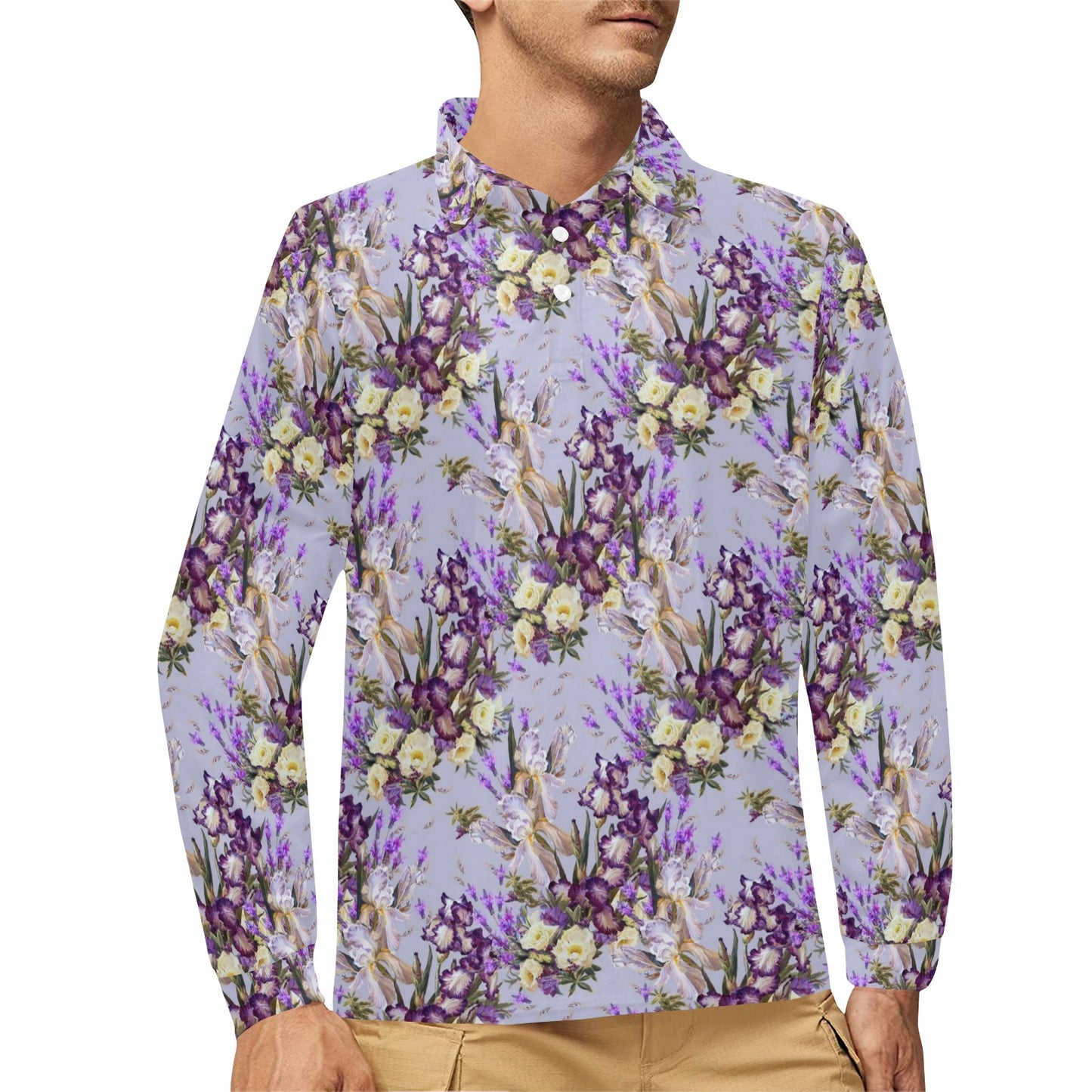 Iris Pattern Print Design IR07 Long Sleeve Polo Shirt For Men's