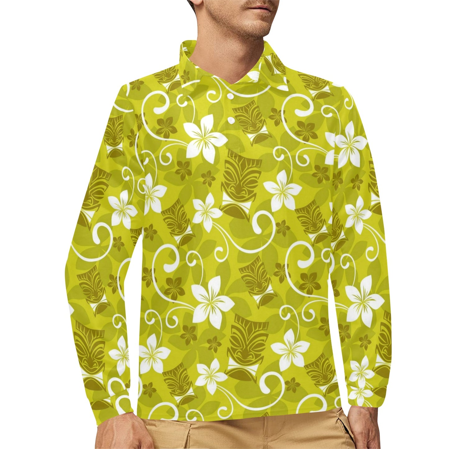 Hawaiian Themed Pattern Print Design H019 Long Sleeve Polo Shirt For Men's