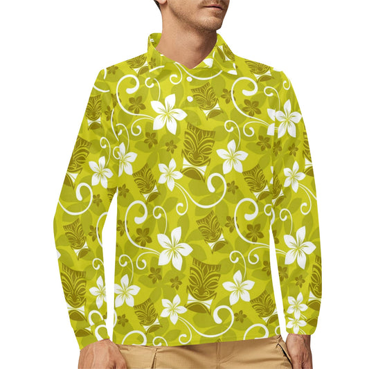 Hawaiian Themed Pattern Print Design H019 Long Sleeve Polo Shirt For Men's
