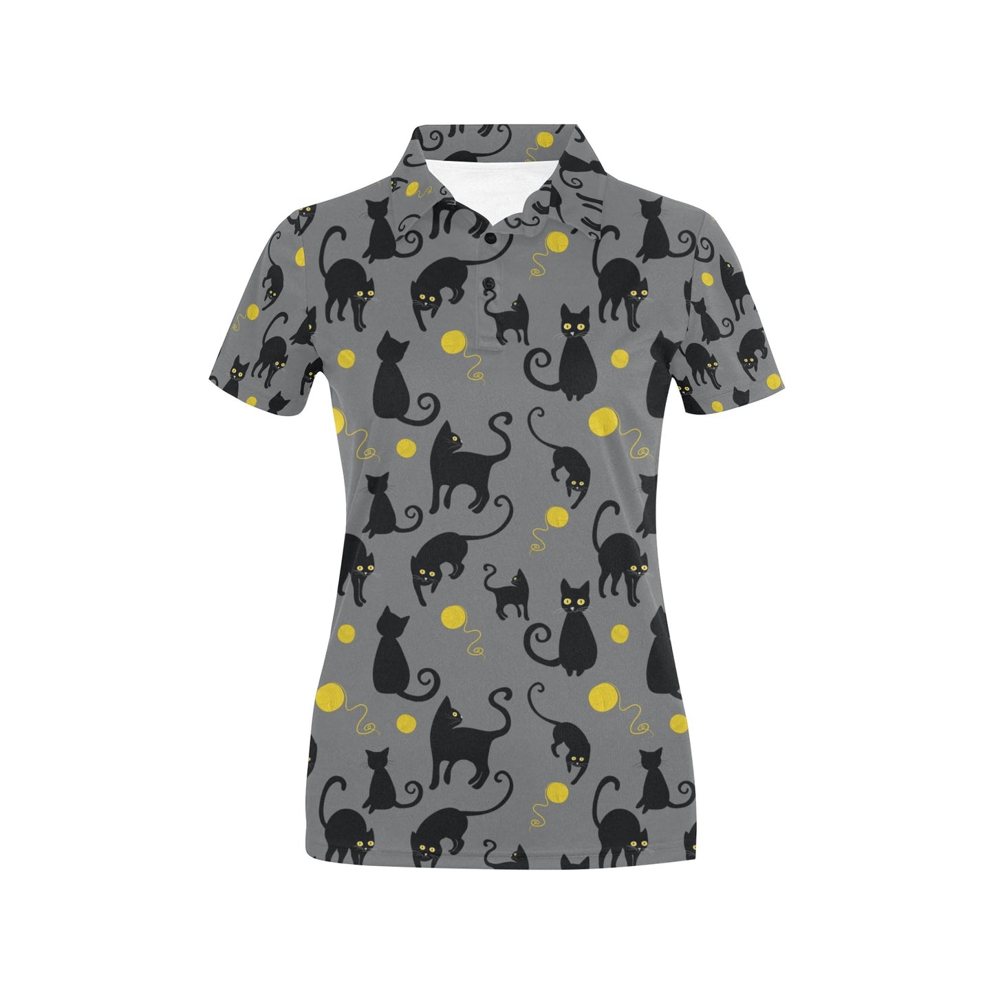 Black Cat Yellow Yarn Print Pattern Women's Polo Shirt