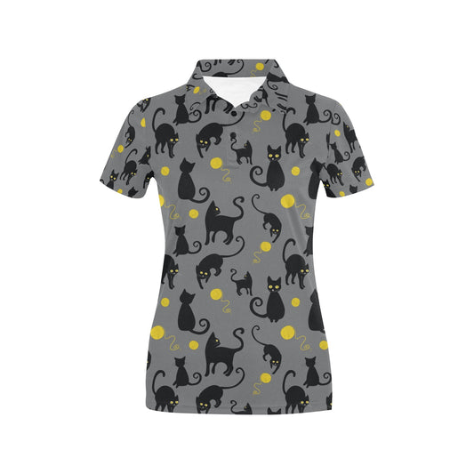 Black Cat Yellow Yarn Print Pattern Women's Polo Shirt