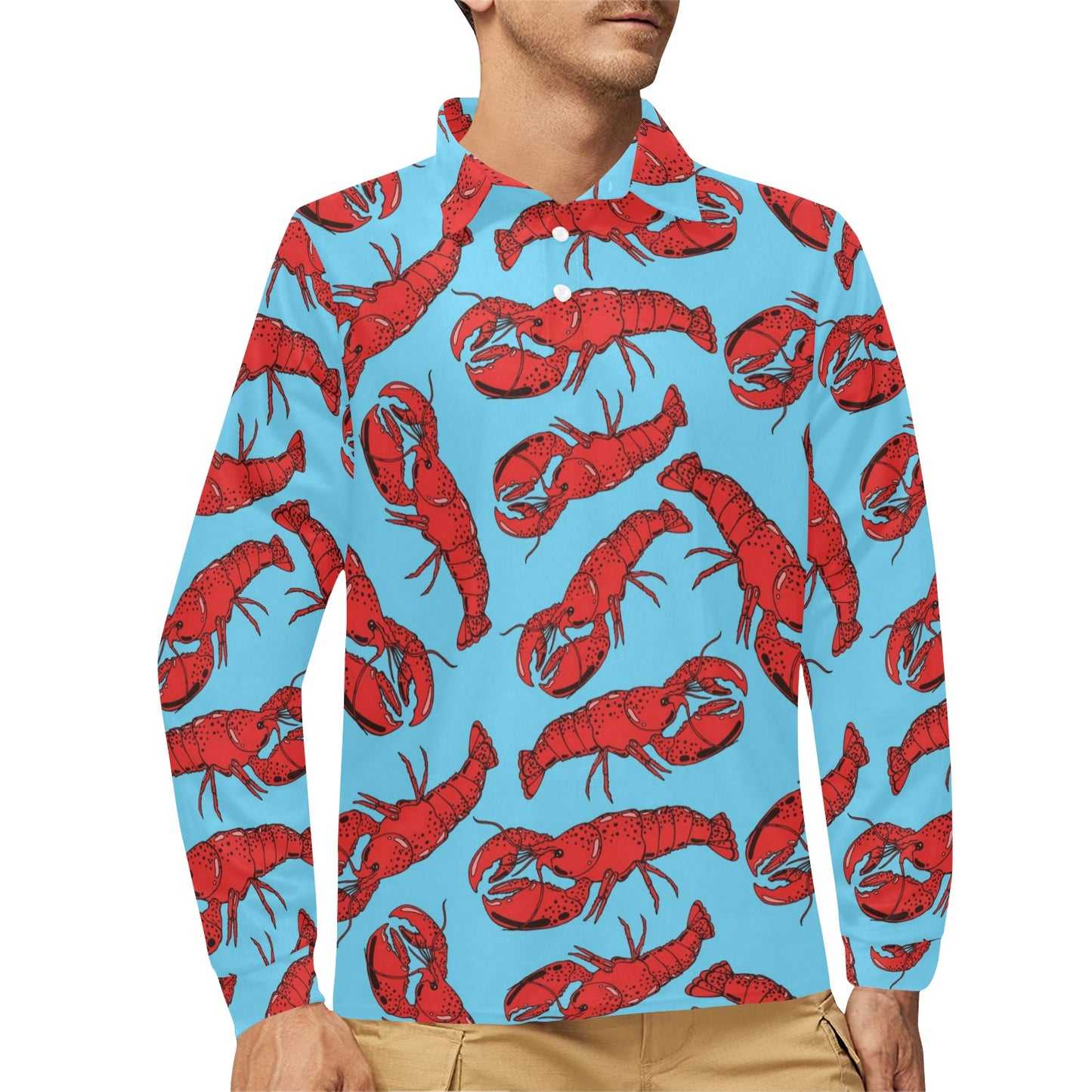 Lobster Red Pattern Print Design 03 Long Sleeve Polo Shirt For Men's