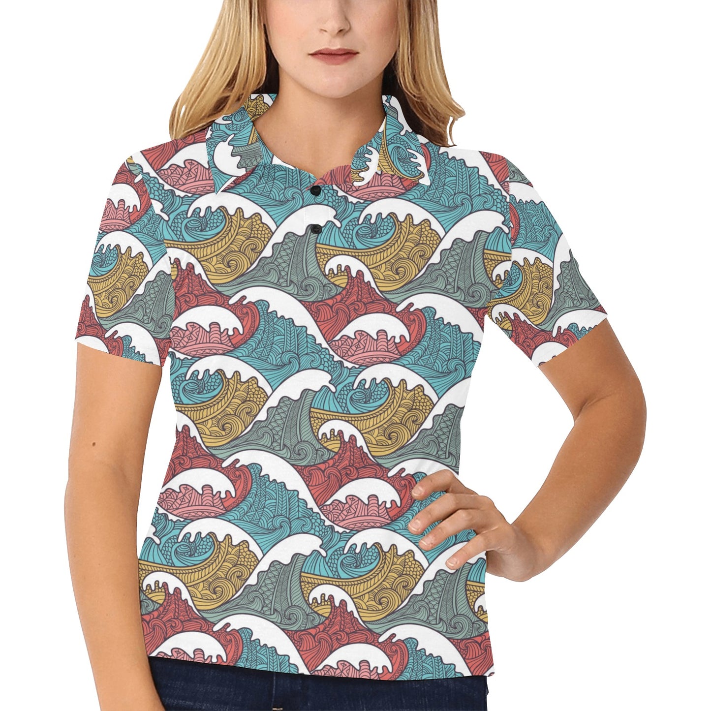Tribal Wave Pattern Print Women's Polo Shirt