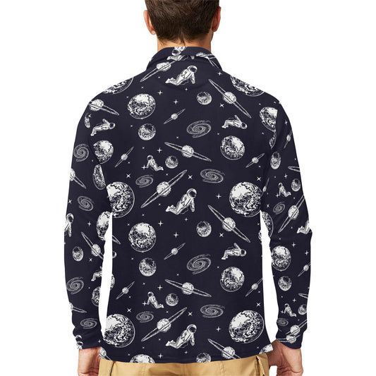Space Astronaut Print Design LKS302 Long Sleeve Polo Shirt For Men's