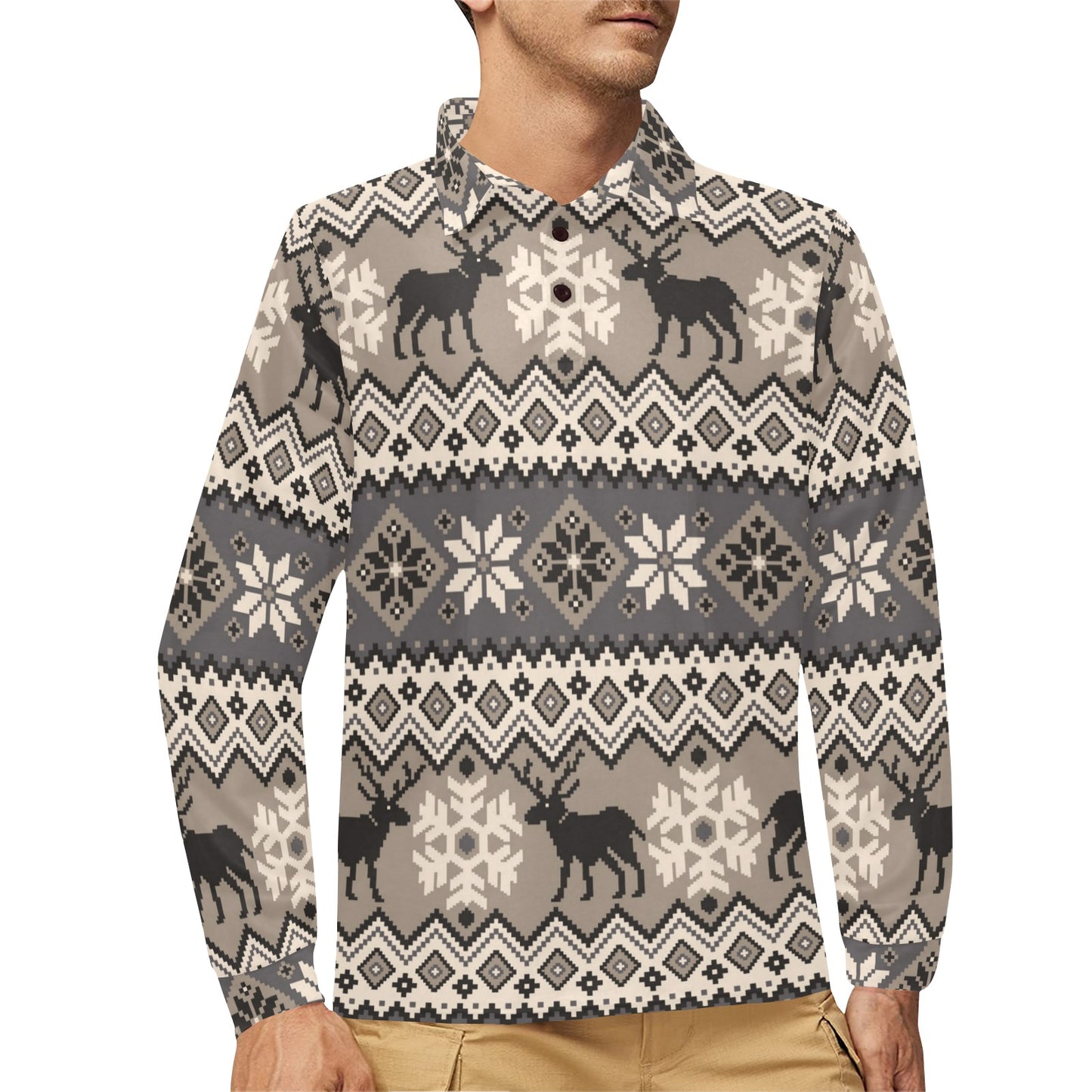Nordic Pattern Print Design A01 Long Sleeve Polo Shirt For Men's