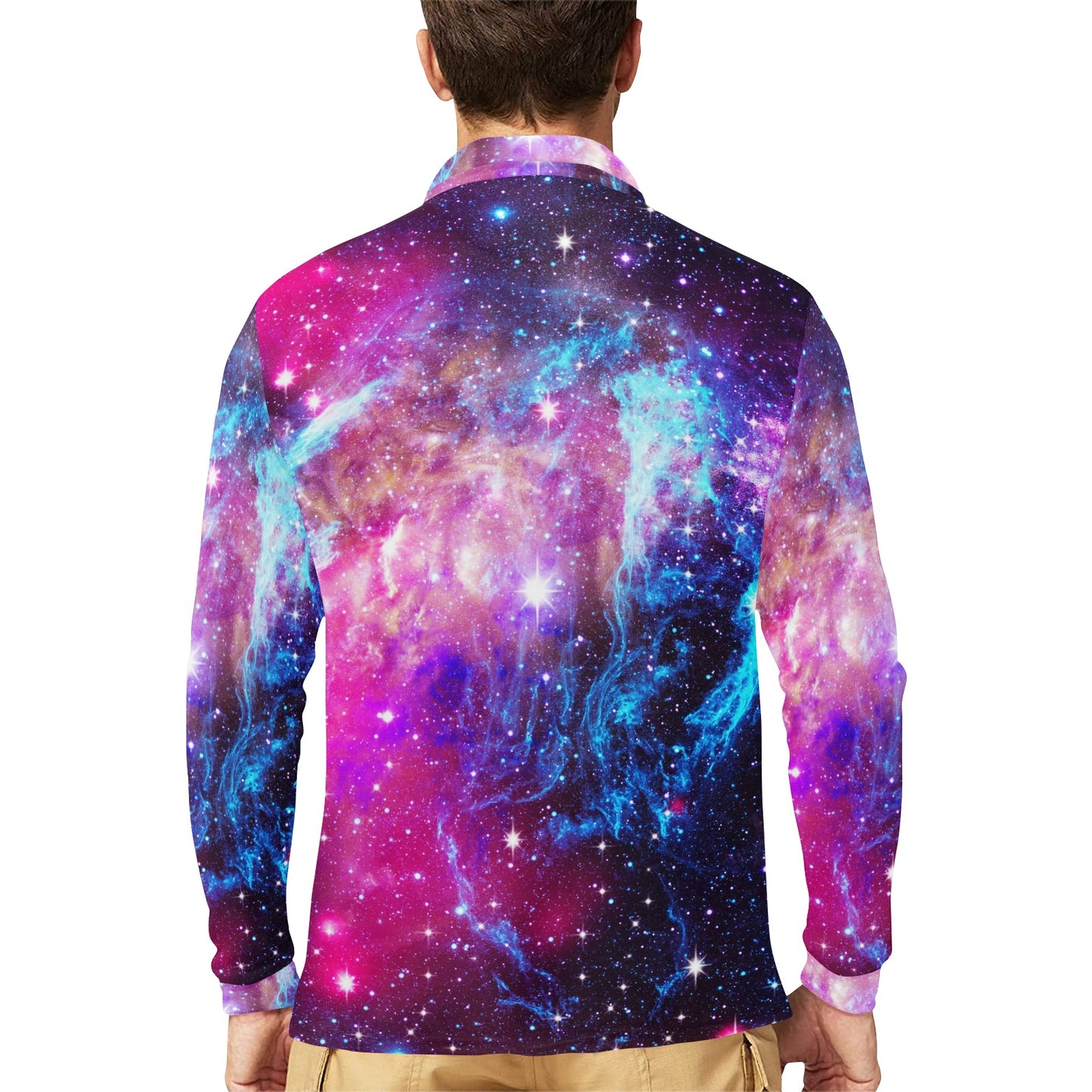 Galaxy Night Purple Space Print Long Sleeve Polo Shirt For Men's