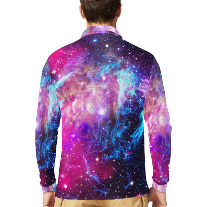 Galaxy Night Purple Space Print Long Sleeve Polo Shirt For Men's
