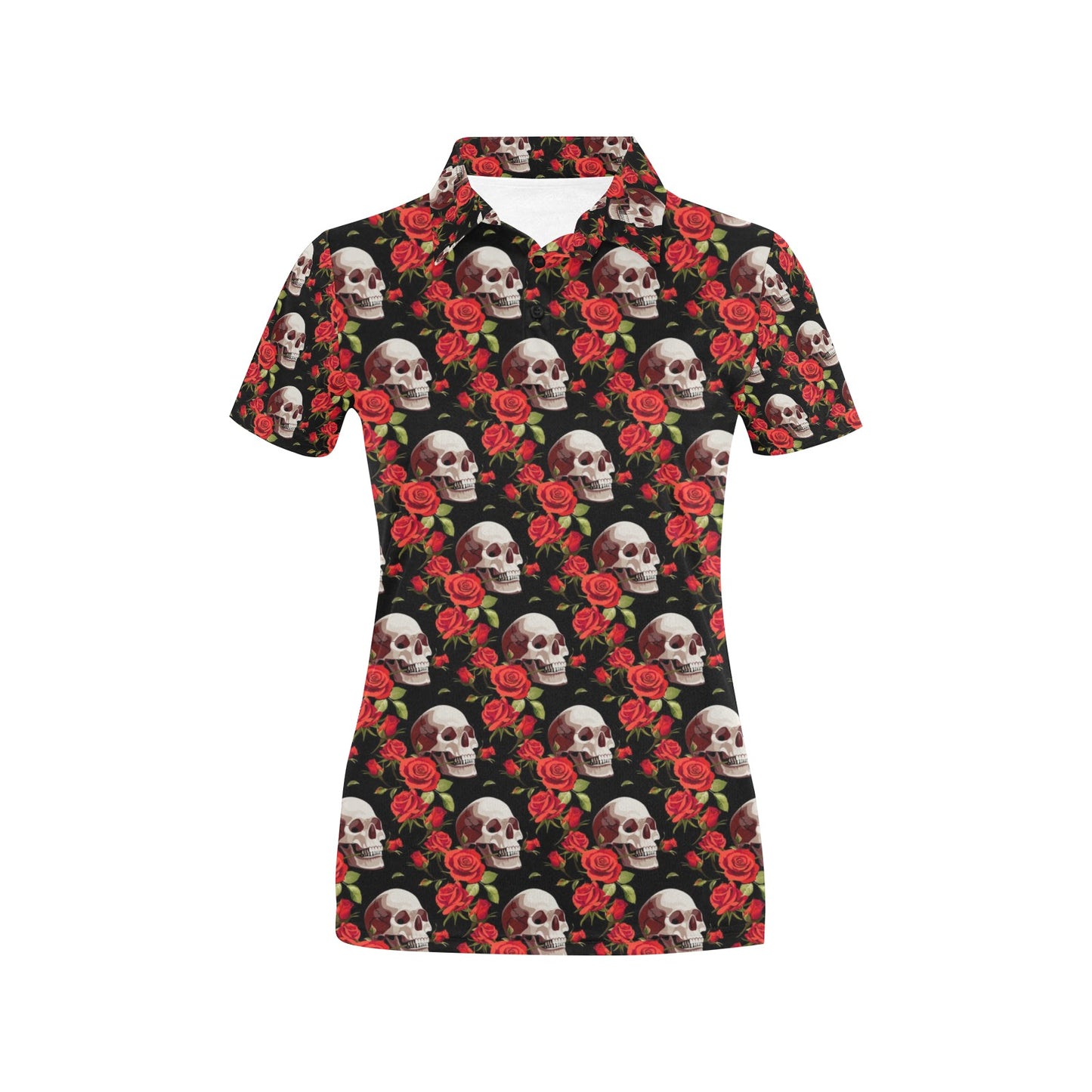 Red Rose Skull Design Print Women's Polo Shirt