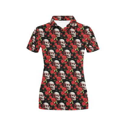 Red Rose Skull Design Print Women's Polo Shirt