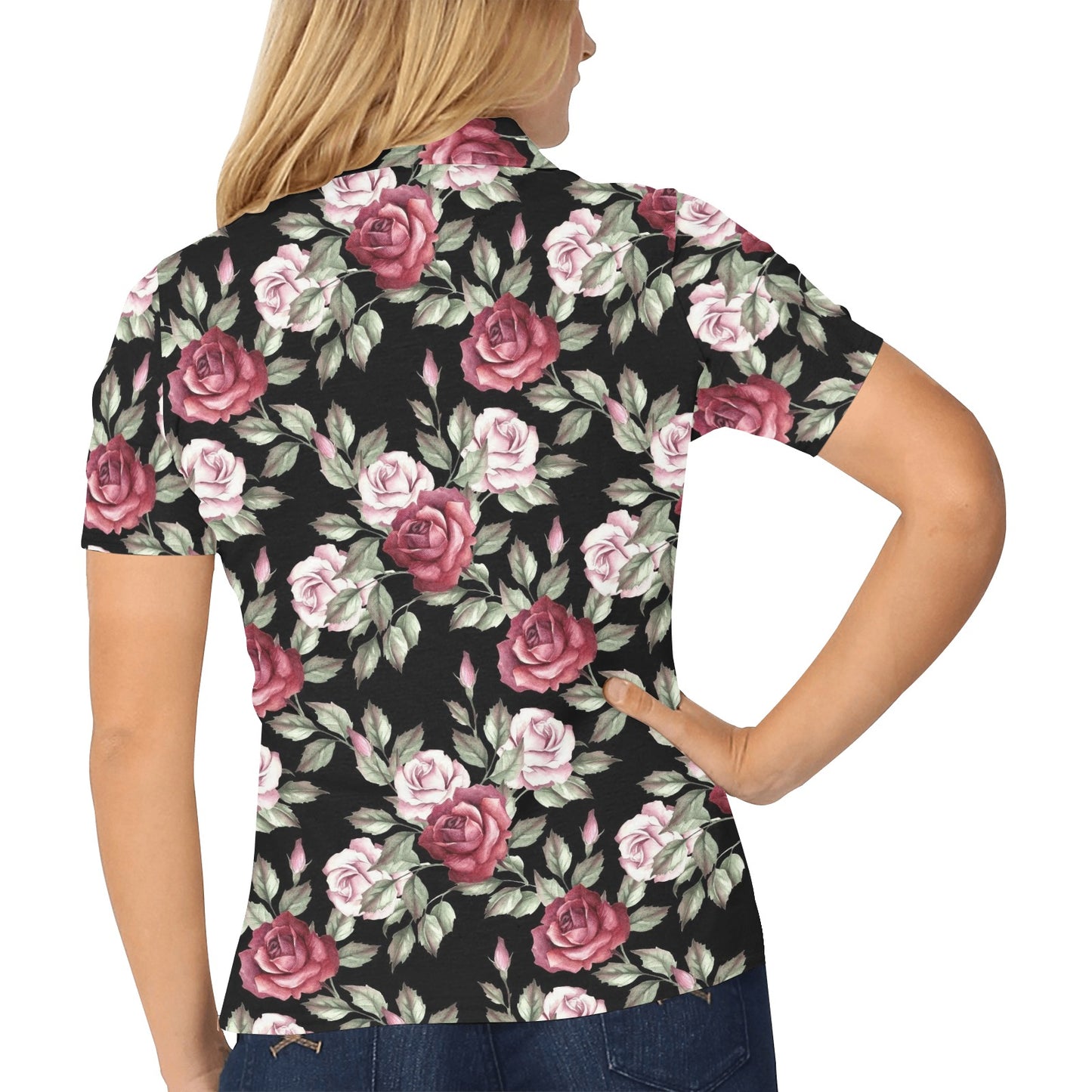 Rose Red Pink Pattern Print Design RO03 Women's Polo Shirt