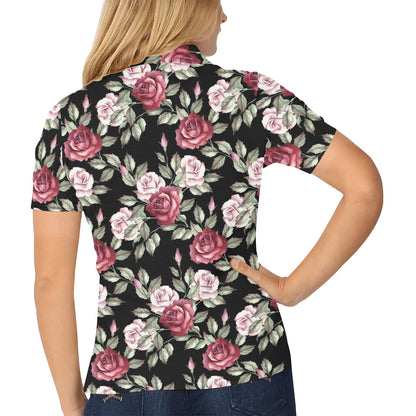 Rose Red Pink Pattern Print Design RO03 Women's Polo Shirt