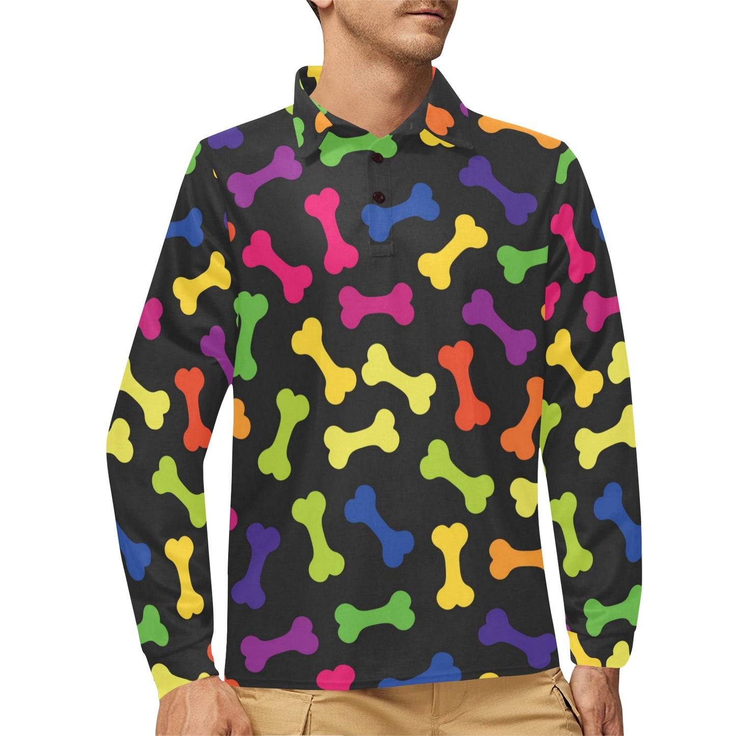 Dog Bone Neon Color Pattern Print Design 02 Long Sleeve Polo Shirt For Men's
