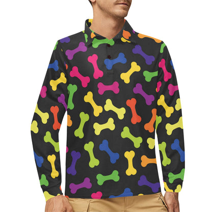 Dog Bone Neon Color Pattern Print Design 02 Long Sleeve Polo Shirt For Men's