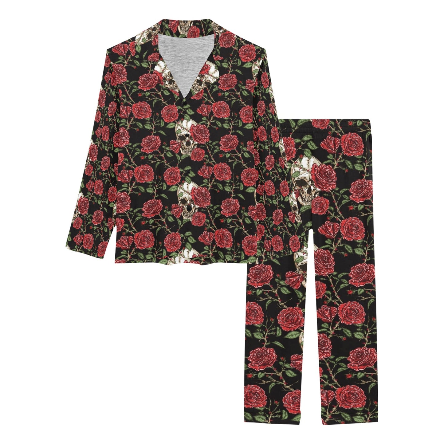 Skull And Roses Print Design LKS303 Women's Long Pajama Set