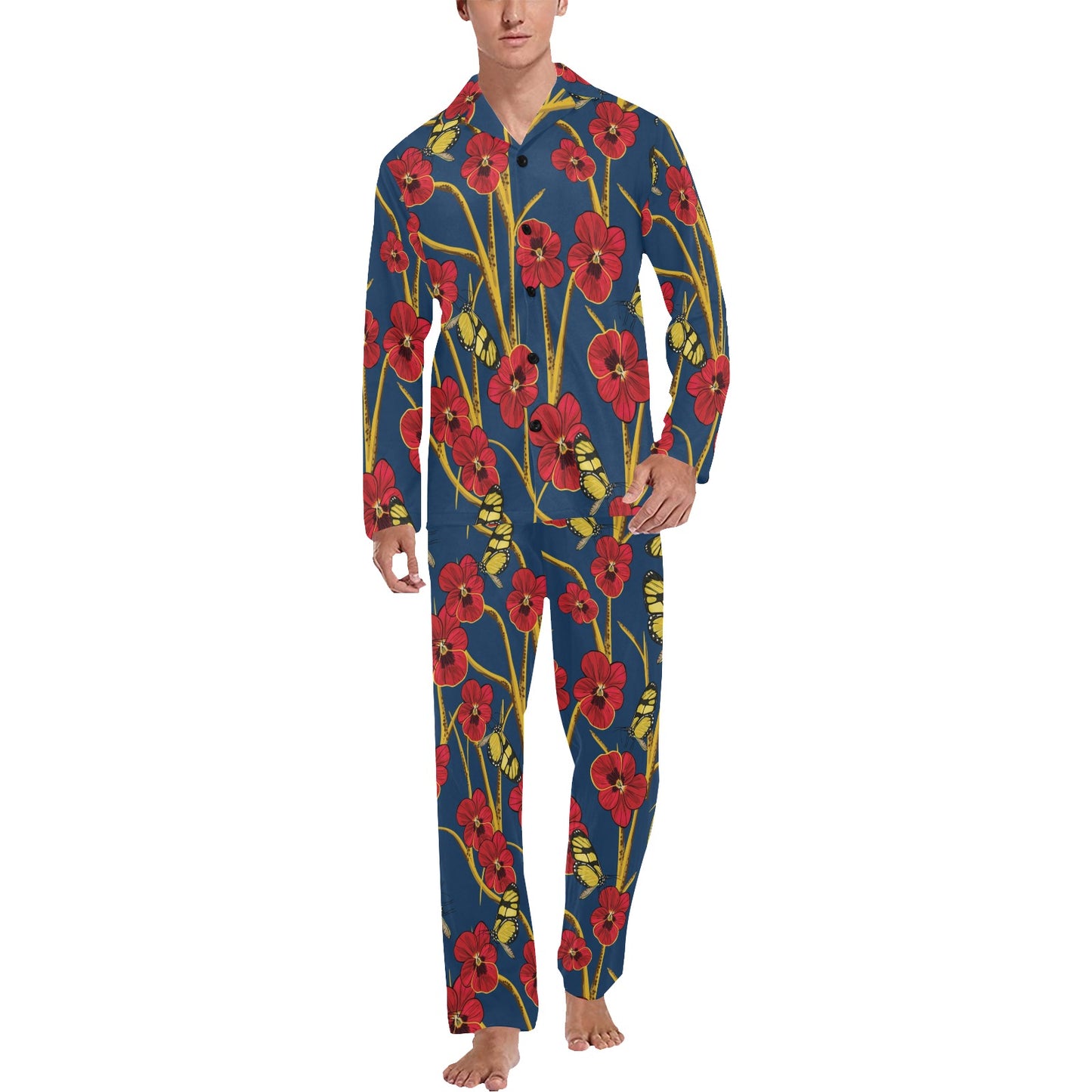 Pansy Pattern Print Design A01 Men's Long Pajama Set