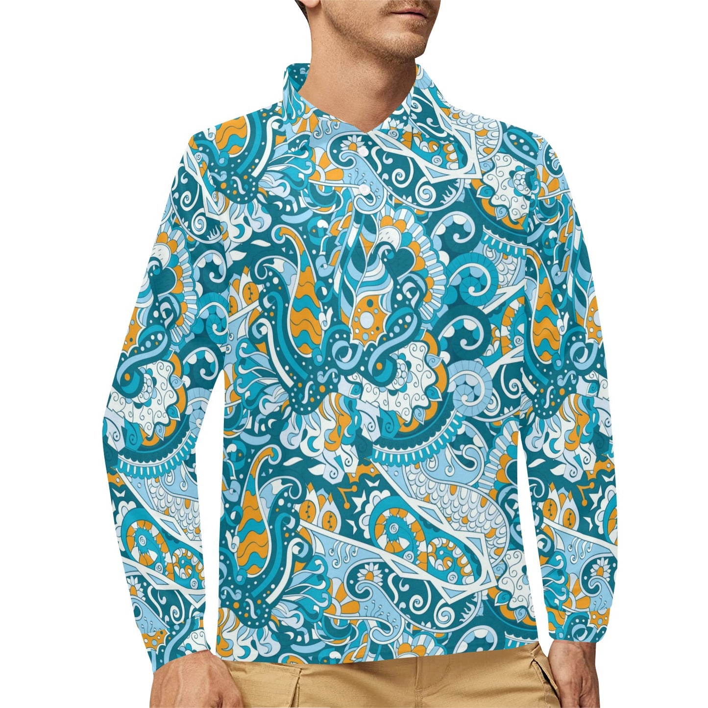 Funky Retro Pattern Print Design A03 Long Sleeve Polo Shirt For Men's