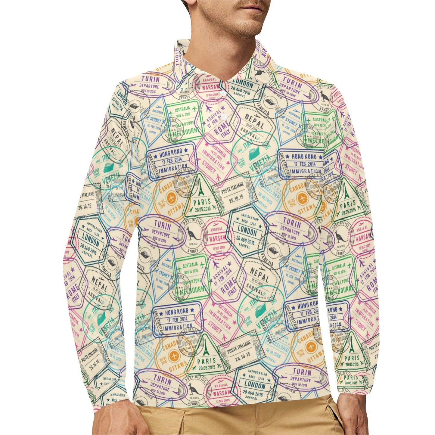Travel Stamp Print Design LKS303 Long Sleeve Polo Shirt For Men's
