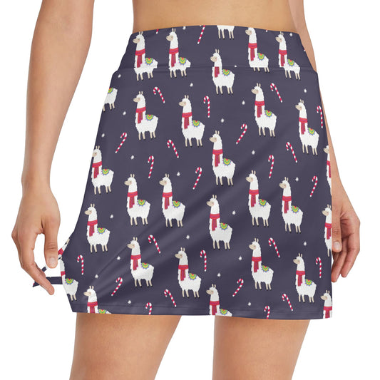 Llama with Candy Cane Themed Print 17" Golf & Pickleball Skort with Pockets