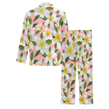 White Plumeria Pattern Print Design PM011 Men's Long Pajama Set