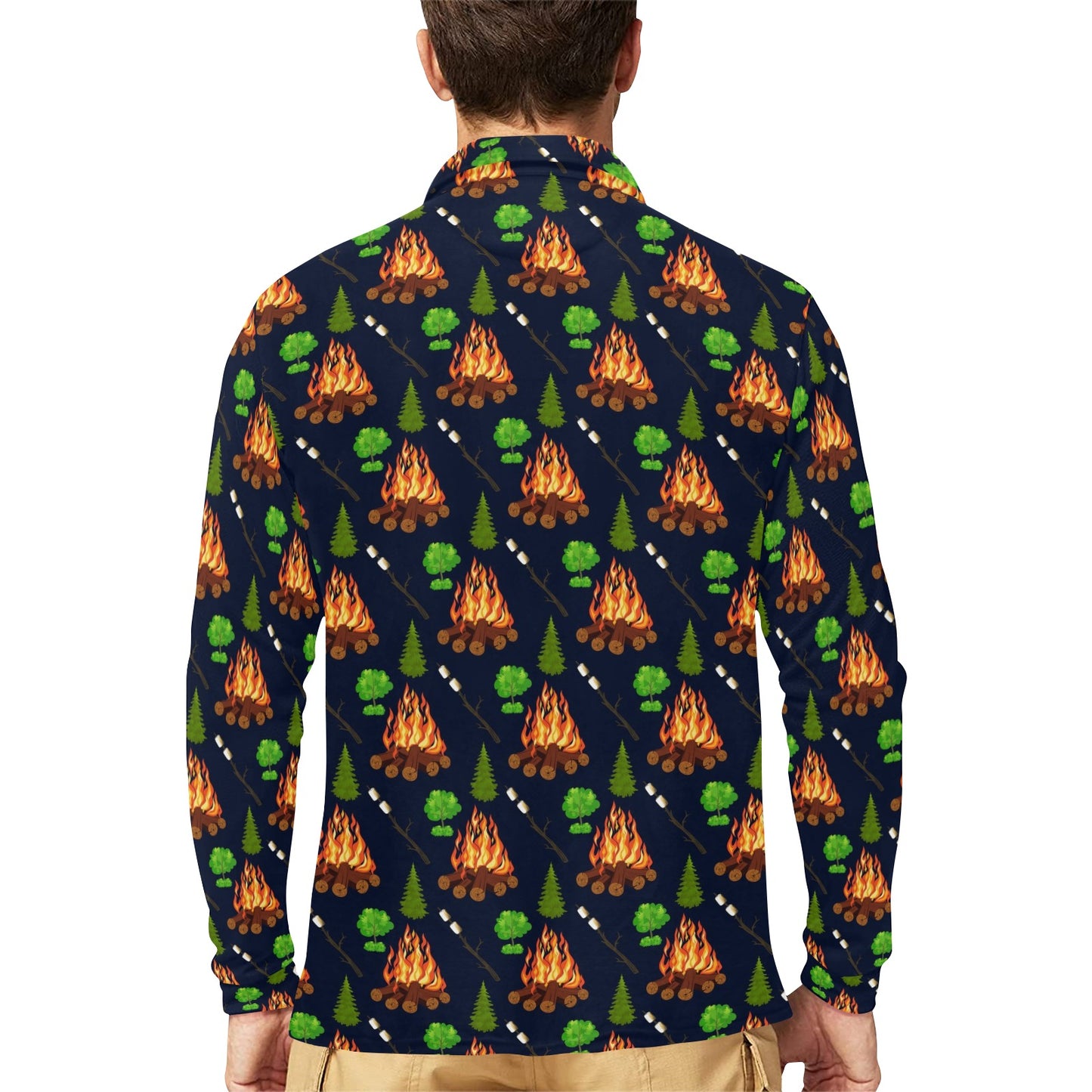Camfire marshmallow Camping Design Print Long Sleeve Polo Shirt For Men's