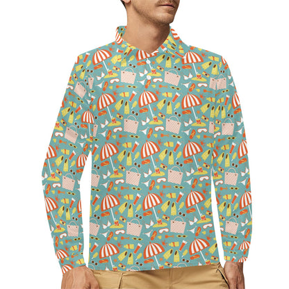 Beach Scene Pattern Print Design 02 Long Sleeve Polo Shirt For Men's