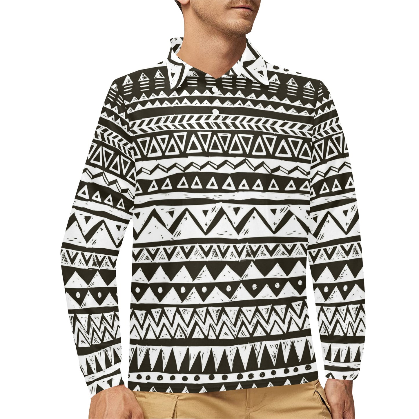 Hand draw Tribal Aztec Long Sleeve Polo Shirt For Men's