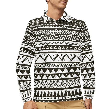 Hand draw Tribal Aztec Long Sleeve Polo Shirt For Men's