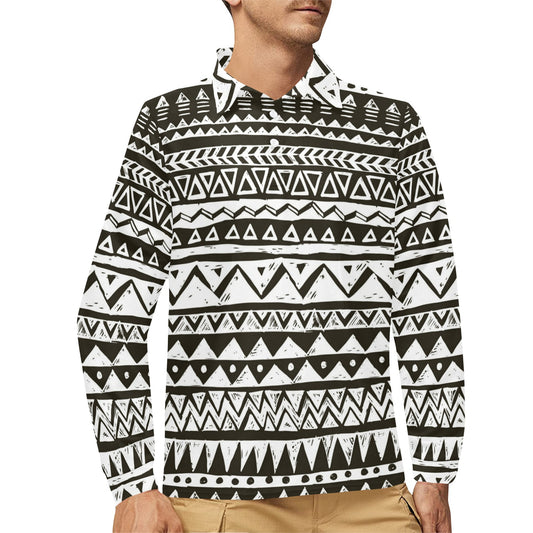 Hand draw Tribal Aztec Long Sleeve Polo Shirt For Men's