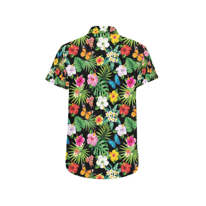 Hibiscus With Butterfly Print Design LKS305 Men Short Sleeve Button Up Shirt