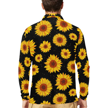Sunflower Pattern Print Design SF09 Long Sleeve Polo Shirt For Men's