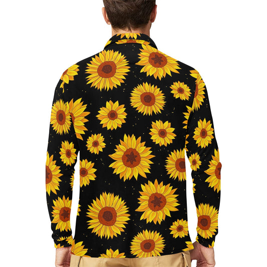 Sunflower Pattern Print Design SF09 Long Sleeve Polo Shirt For Men's