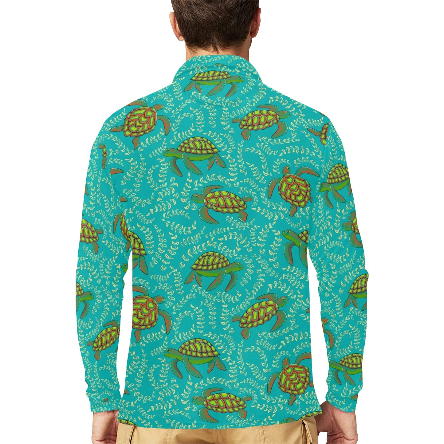 Sea Turtle Pattern Print Design T010 Long Sleeve Polo Shirt For Men's