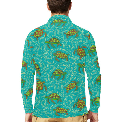 Sea Turtle Pattern Print Design T010 Long Sleeve Polo Shirt For Men's