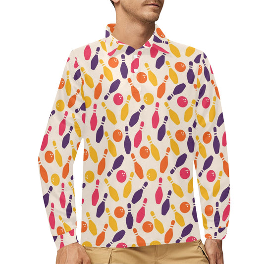 Bowling Pattern Print Design 06 Long Sleeve Polo Shirt For Men's