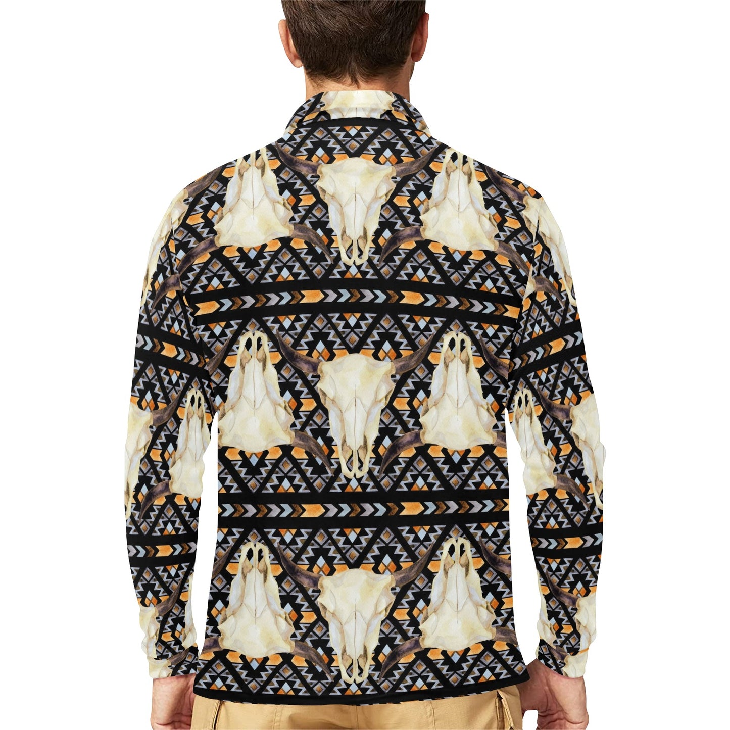 Buffalo Head Pattern Print Design 03 Long Sleeve Polo Shirt For Men's
