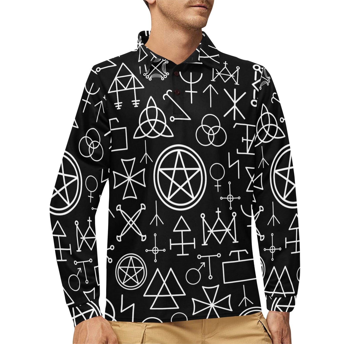 Pentagram Pattern Print Design A02 Long Sleeve Polo Shirt For Men's
