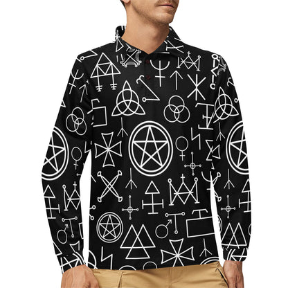 Pentagram Pattern Print Design A02 Long Sleeve Polo Shirt For Men's