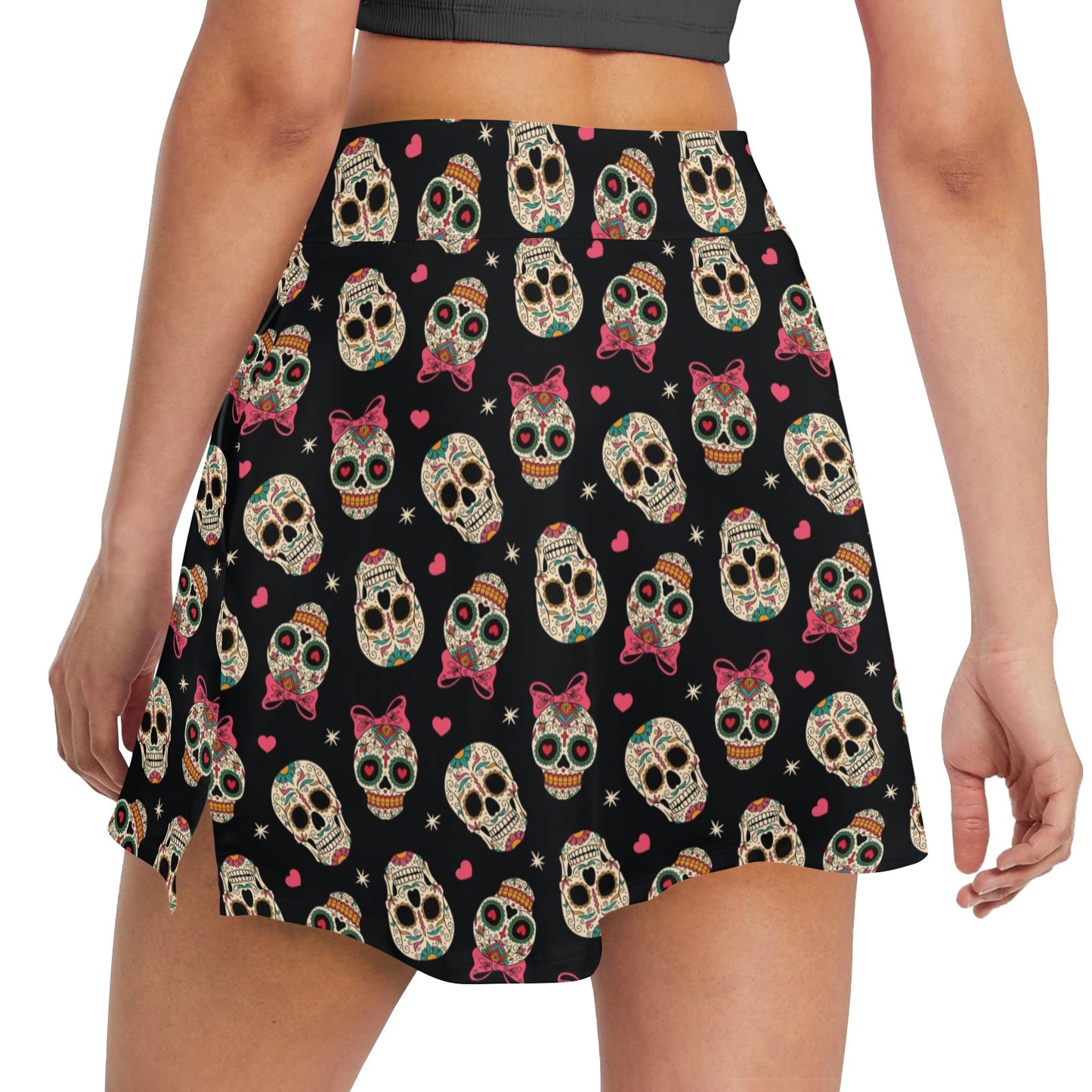 Sugar Skull Pink Bow Themed Print 17" Golf & Pickleball Skort with Pockets