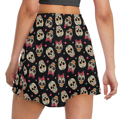 Sugar Skull Pink Bow Themed Print 17" Golf & Pickleball Skort with Pockets