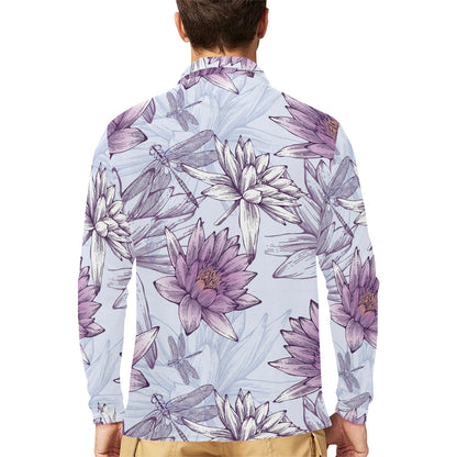 Water Lily Pattern Print Design WL01 Long Sleeve Polo Shirt For Men's
