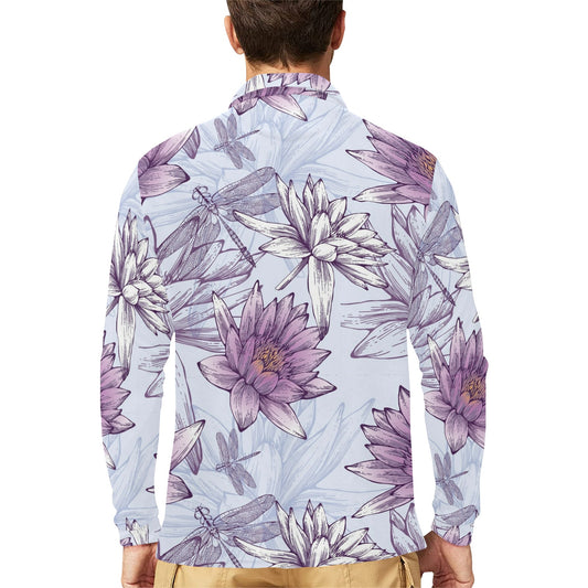 Water Lily Pattern Print Design WL01 Long Sleeve Polo Shirt For Men's