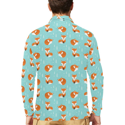 Fox Design Snow Print Pattern Long Sleeve Polo Shirt For Men's