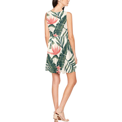 Tropical Flower Palm Leaves Sleeveless Dress