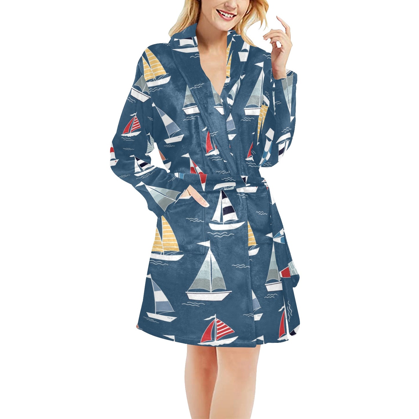 Sailing Ships Pattern Print Design A04 Women's Fleece Robe