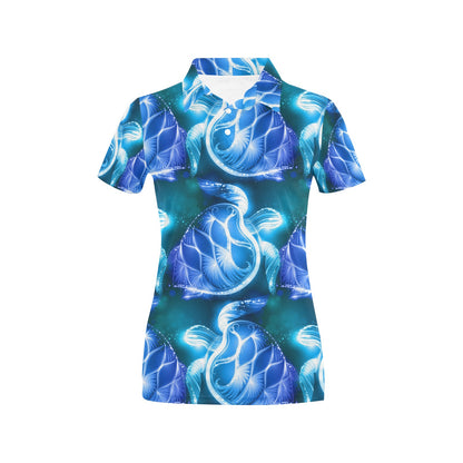 Blue Neon Sea Turtle Print Women's Polo Shirt