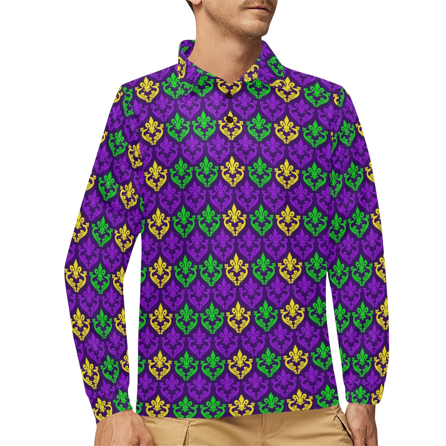 Mardi Gras Pattern Print Design 02 Long Sleeve Polo Shirt For Men's