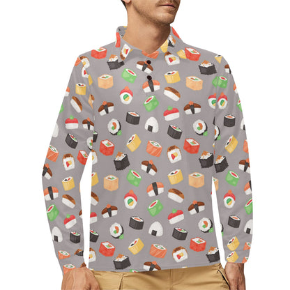 Sushi Print Design LKS307 Long Sleeve Polo Shirt For Men's